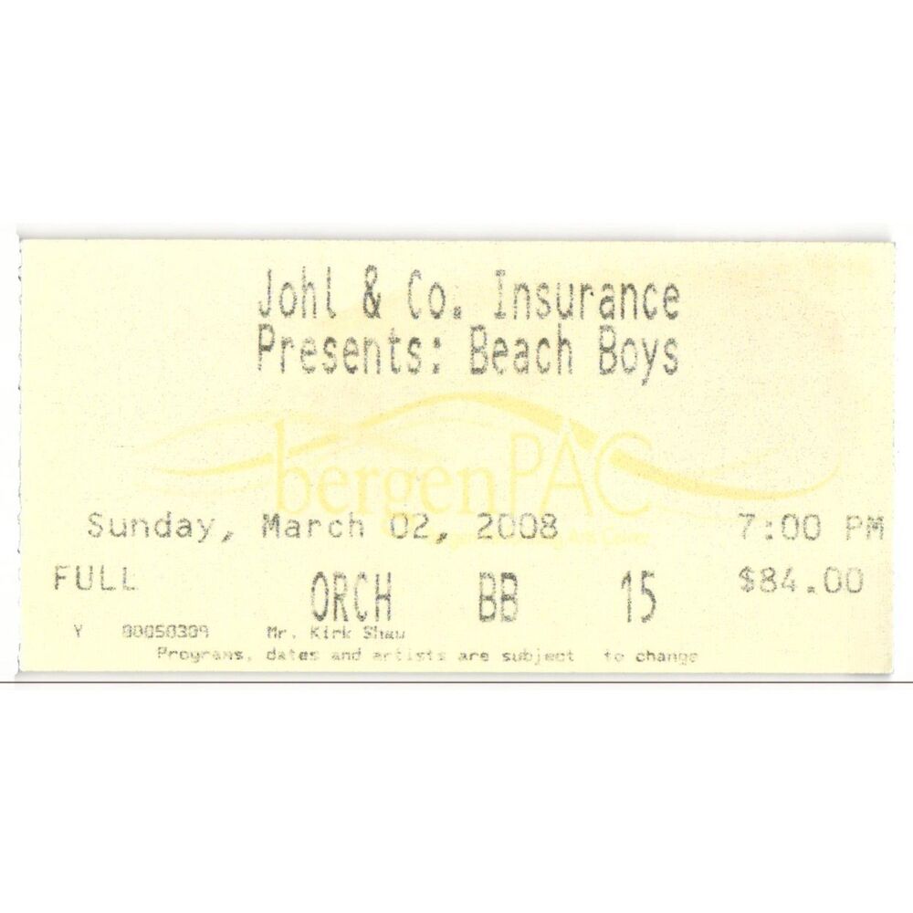 2008 Beach Boys Concert Ticket Stub Englewood NJ
